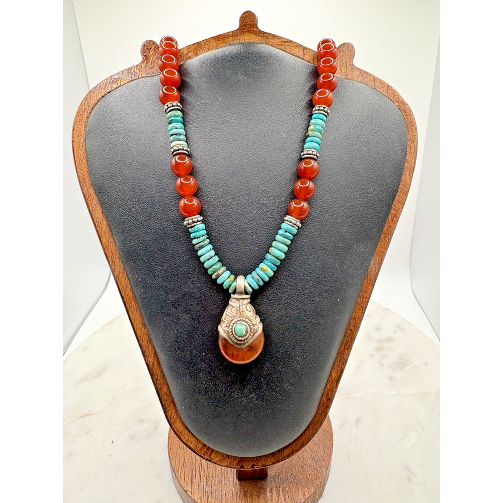 Vintage Carnelian Turquoise Amber and Silver 925 Beaded Necklace Tibetan 22" 53g